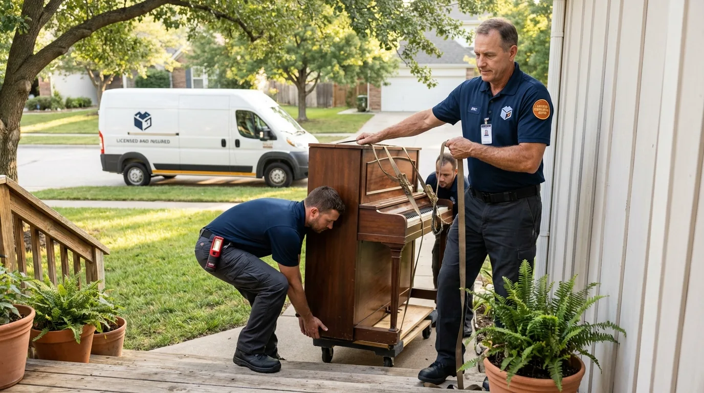 Licensed piano movers securing grand piano in Hutchinson, KS