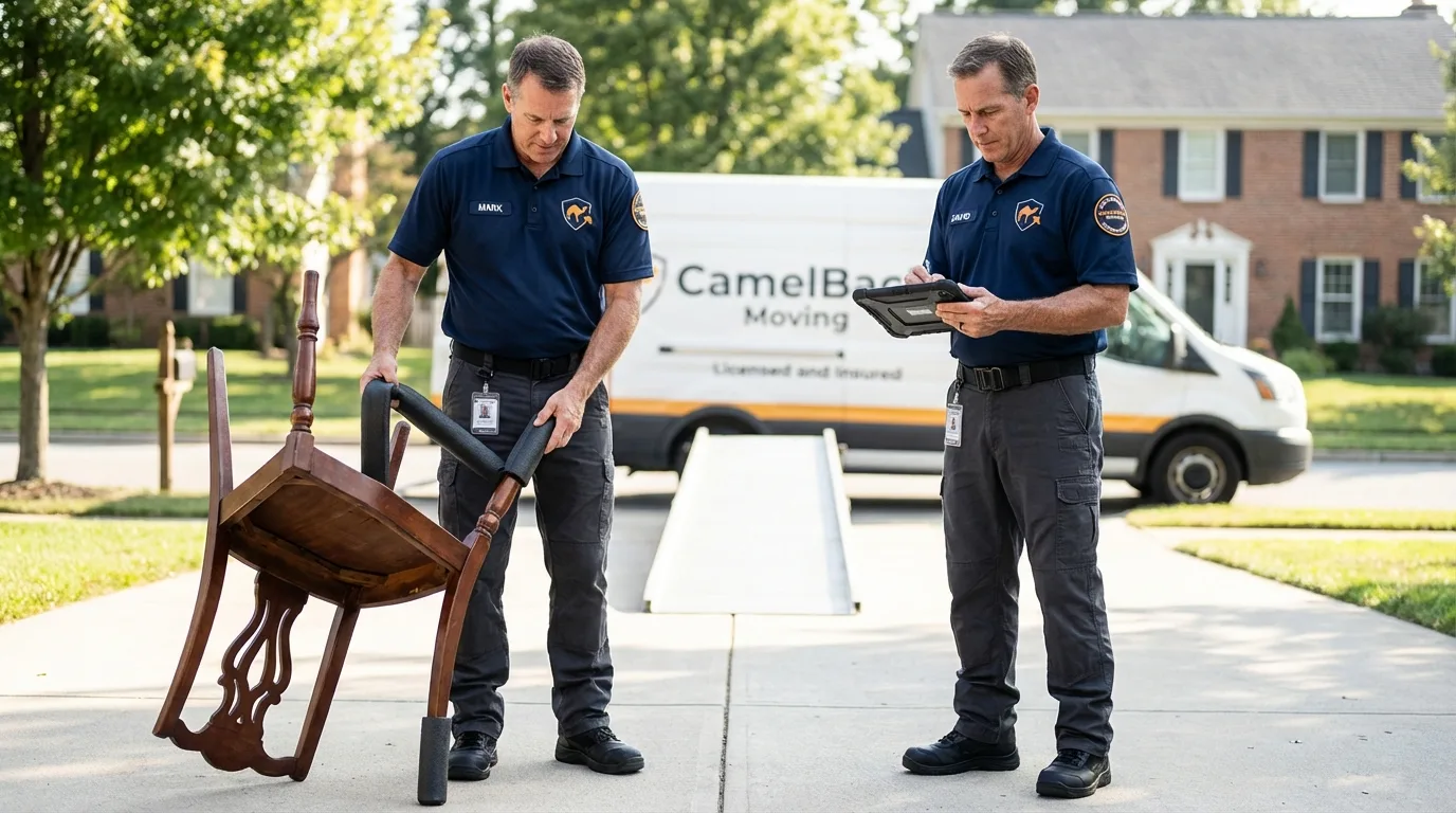 Movers inspecting furniture for damage prevention before loading in Hutchinson, KS