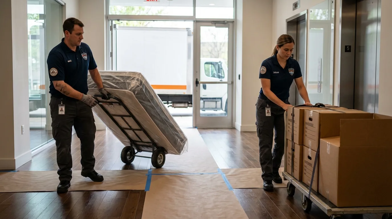 Professional apartment movers loading elevator in Hutchinson, KS