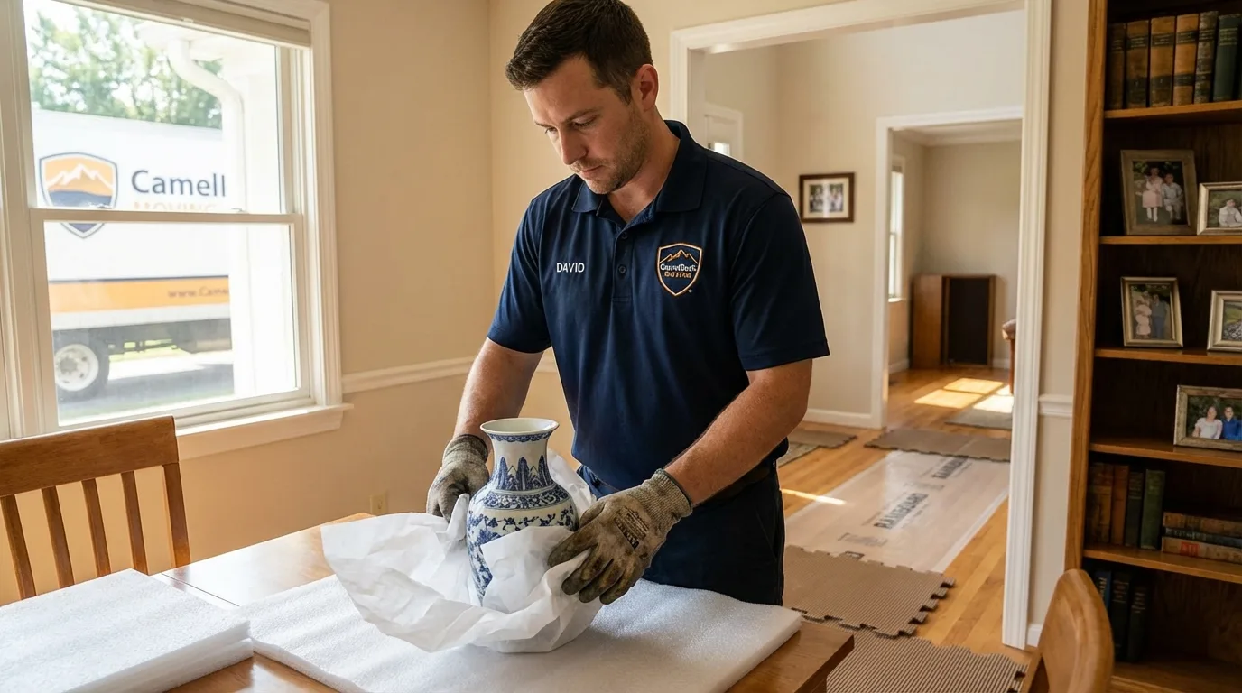 Professional crew carefully wrapping antique vase for senior downsizing move in Hutchinson, KS